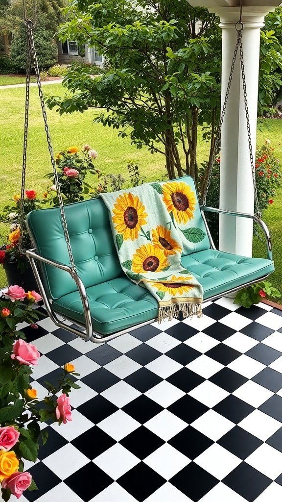 A mint green porch swing with sunflower blanket on a black and white checkered floor surrounded by flowers.