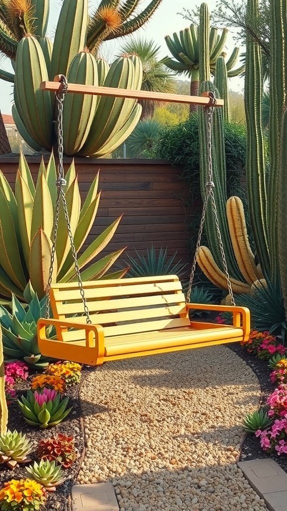 A bright yellow porch swing surrounded by cacti and colorful flowers in a garden setting.