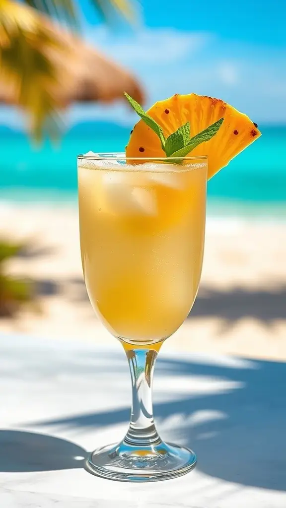 A refreshing Pickled Pineapple Daiquiri cocktail garnished with mint and pineapple slice, set against a beach background.