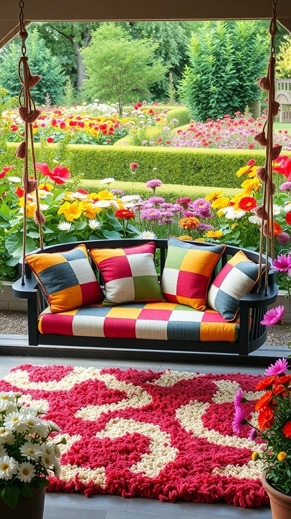 A colorful porch swing with patchwork cushions in a vibrant garden setting