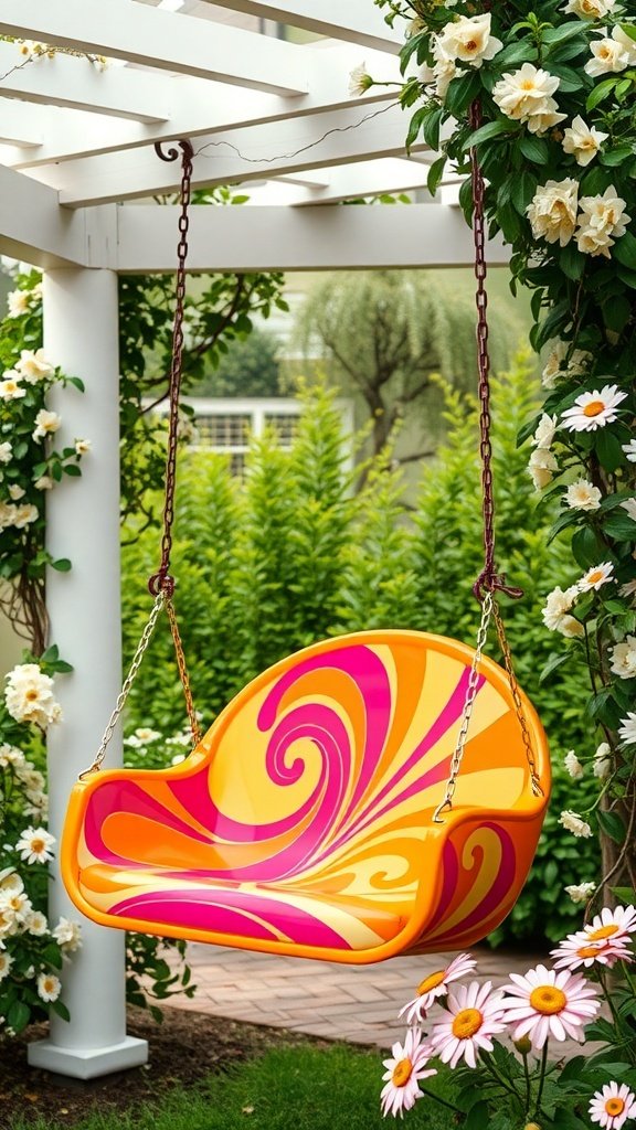 A colorful porch swing with swirls of pink and yellow, surrounded by flowers and greenery.