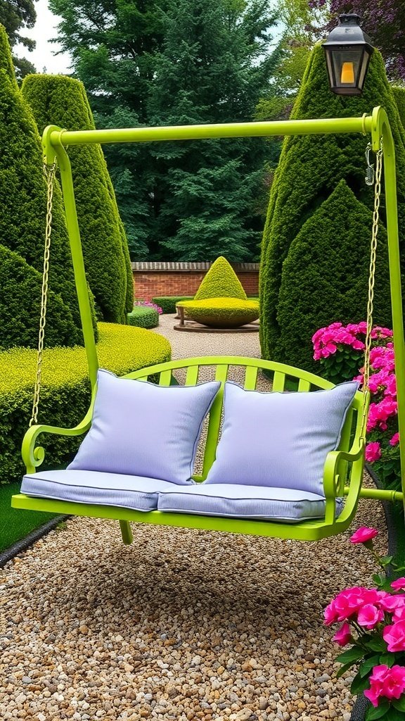 A lime green porch swing with lavender cushions surrounded by greenery and flowers.