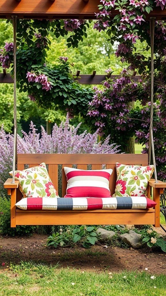 A colorful porch swing with floral and striped cushions surrounded by lush greenery and blooming flowers.