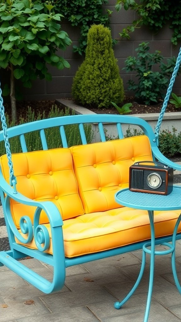 A sky blue porch swing with yellow cushions and a small table with a vintage radio.