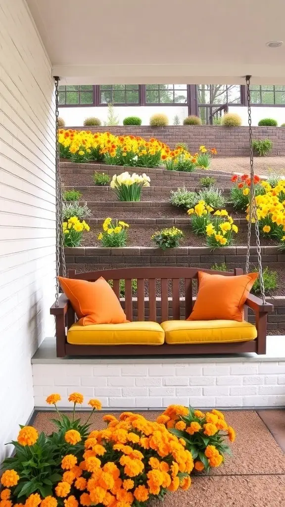 A sunken porch swing with orange cushions, surrounded by colorful flowers against a white brick wall.