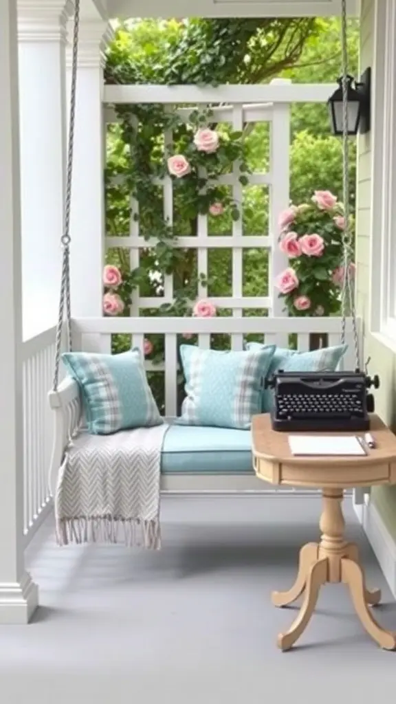 A cozy porch swing with cushions and a typewriter on a side table, surrounded by flowers.