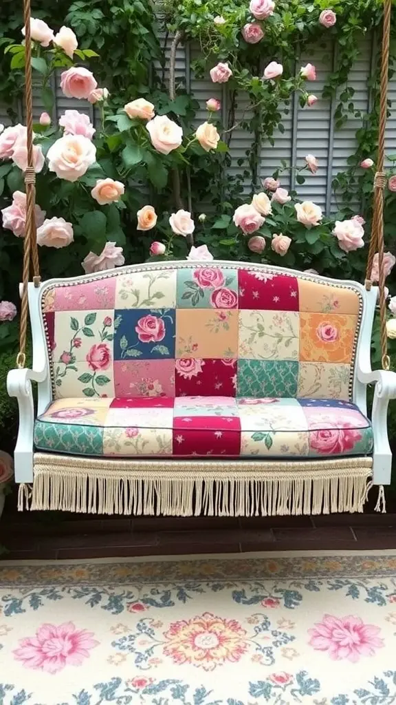 A colorful patchwork porch swing surrounded by blooming roses.
