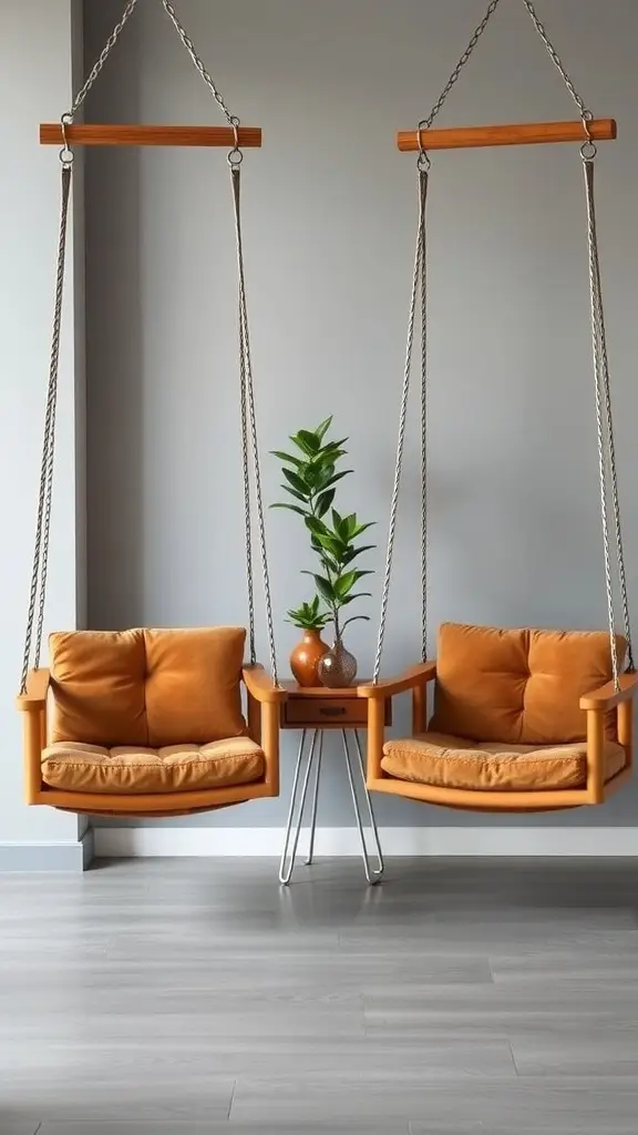 A stylish Draper Double Swing with orange cushions, hanging from a wooden frame.