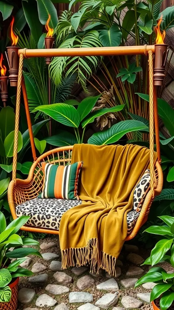 A stylish porch swing with leopard print cushions and a mustard blanket, surrounded by tropical plants and tiki torches.