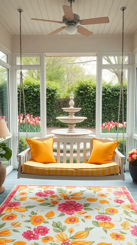 A sunroom featuring a porch swing with yellow cushions, a floral rug, and a fountain in the background.