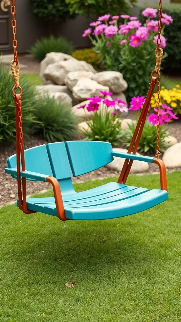 A turquoise porch swing with an orange frame, surrounded by colorful flowers in a garden.