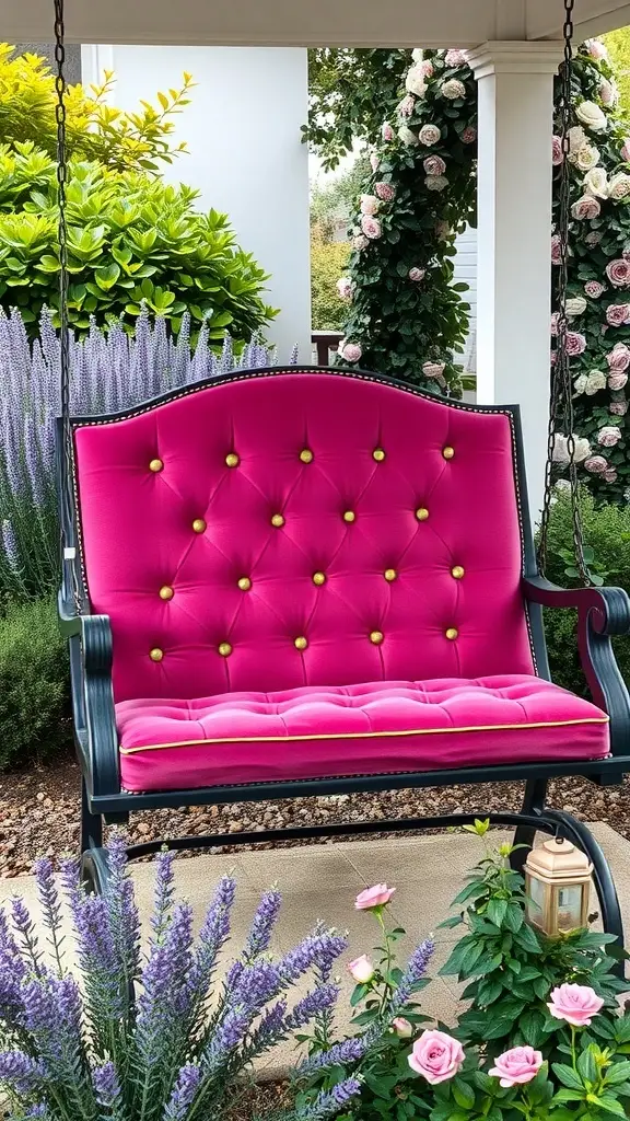 A vibrant pink cushioned porch swing surrounded by flowers and greenery