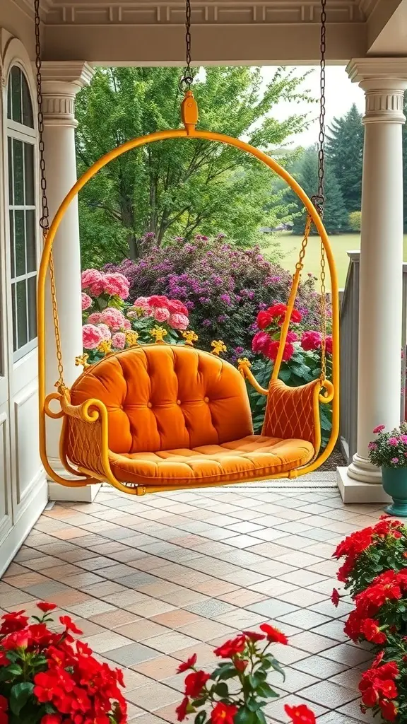 A vibrant yellow porch swing with plush cushions, surrounded by colorful flowers on a sunny day.