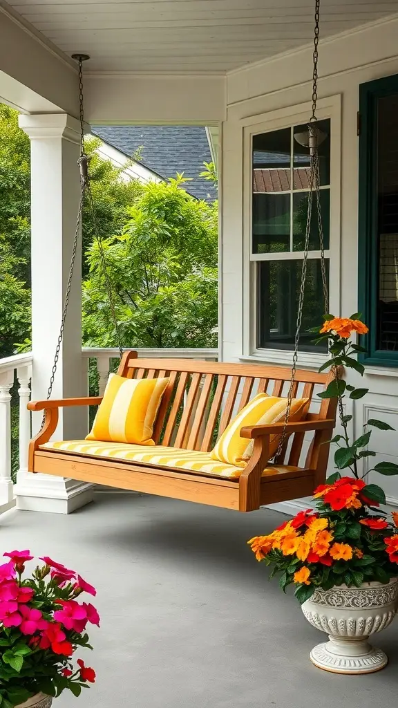 A cozy cedar porch swing with yellow striped cushions, surrounded by colorful flowers.