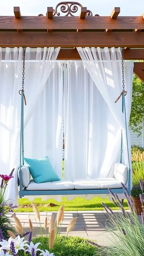 A cozy porch swing with white curtains and a teal cushion, surrounded by colorful flowers.