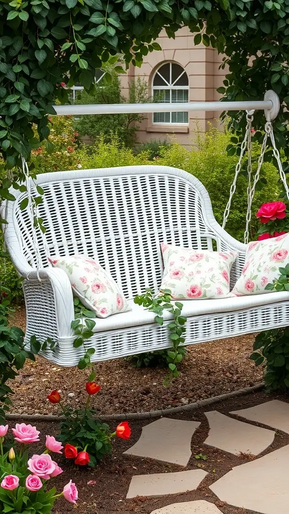A white porch swing with floral cushions surrounded by blooming roses and greenery.