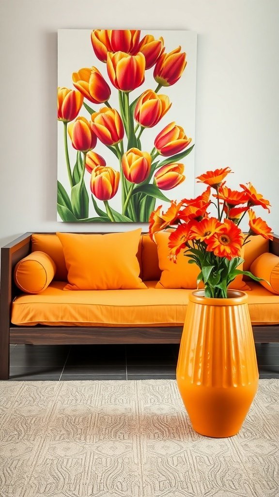 A vibrant orange daybed with matching cushions, accompanied by a bright vase of flowers and a colorful tulip painting on the wall.
