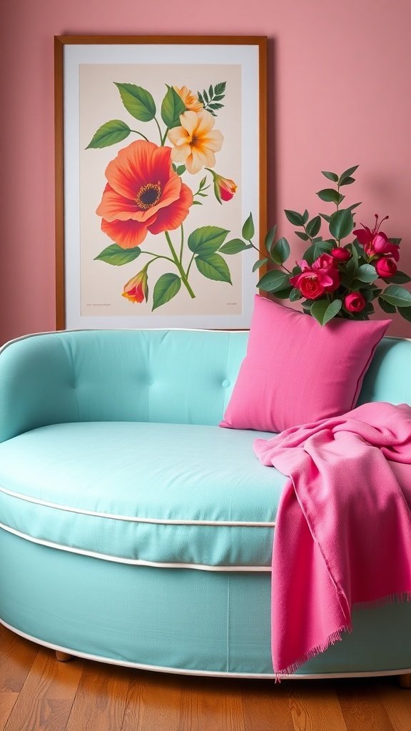 Aqua daybed with pink pillow and floral artwork on a pink wall