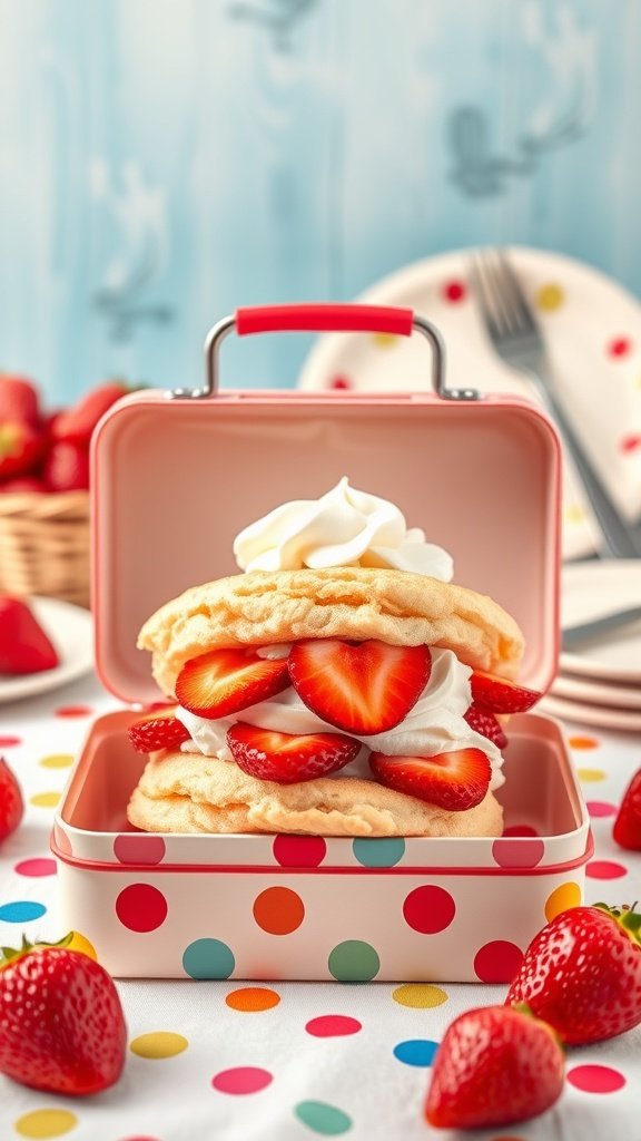 A strawberry shortcake in a polka-dotted lunch box, surrounded by fresh strawberries.