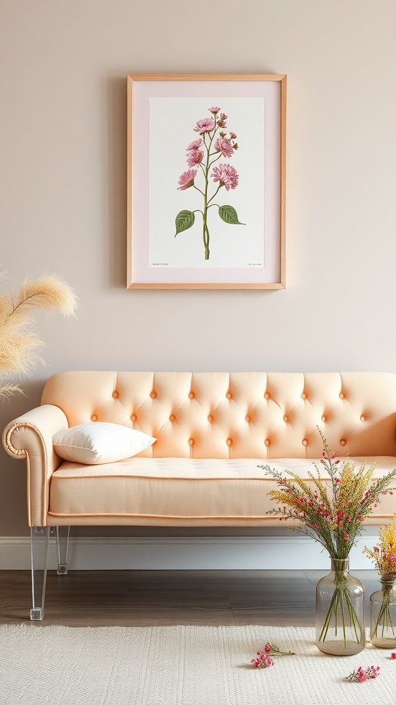 A pastel peach daybed with floral artwork on the wall and vases of flowers nearby.