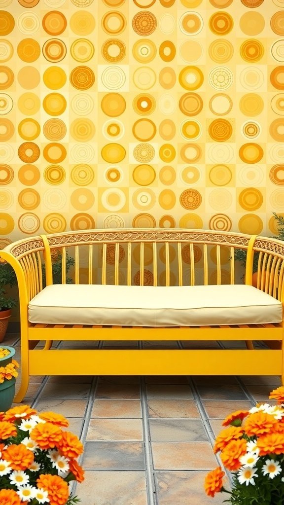 A bright yellow retro daybed on a patio with a colorful circular pattern wall and blooming flowers.