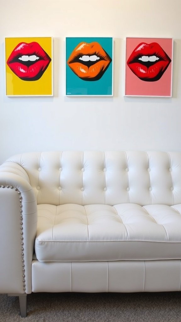 A modern lounge featuring a white daybed, monsteras, and vibrant artwork.