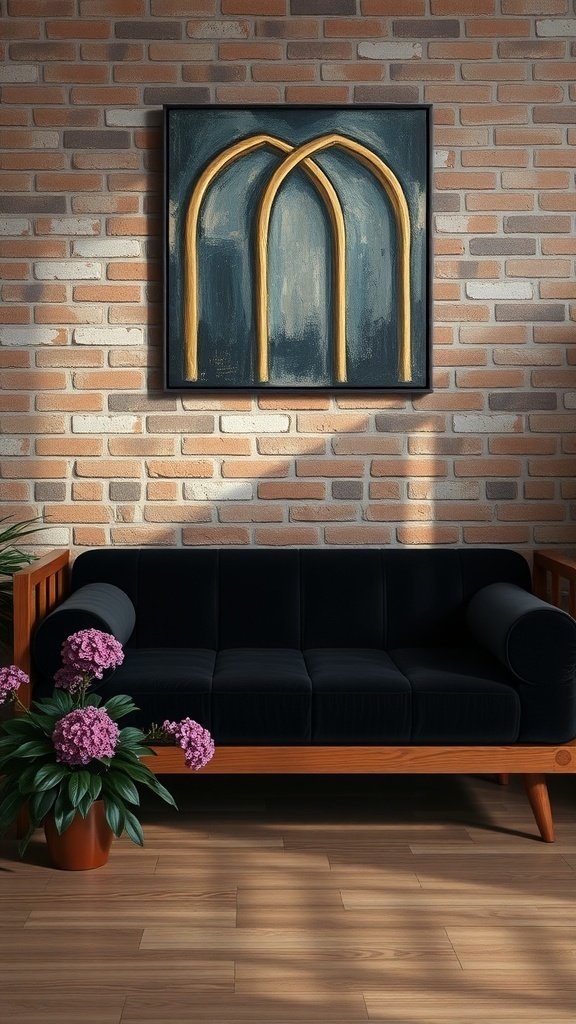 A cozy nook featuring a black retro daybed against a brick wall, adorned with geometric artwork and potted flowers.
