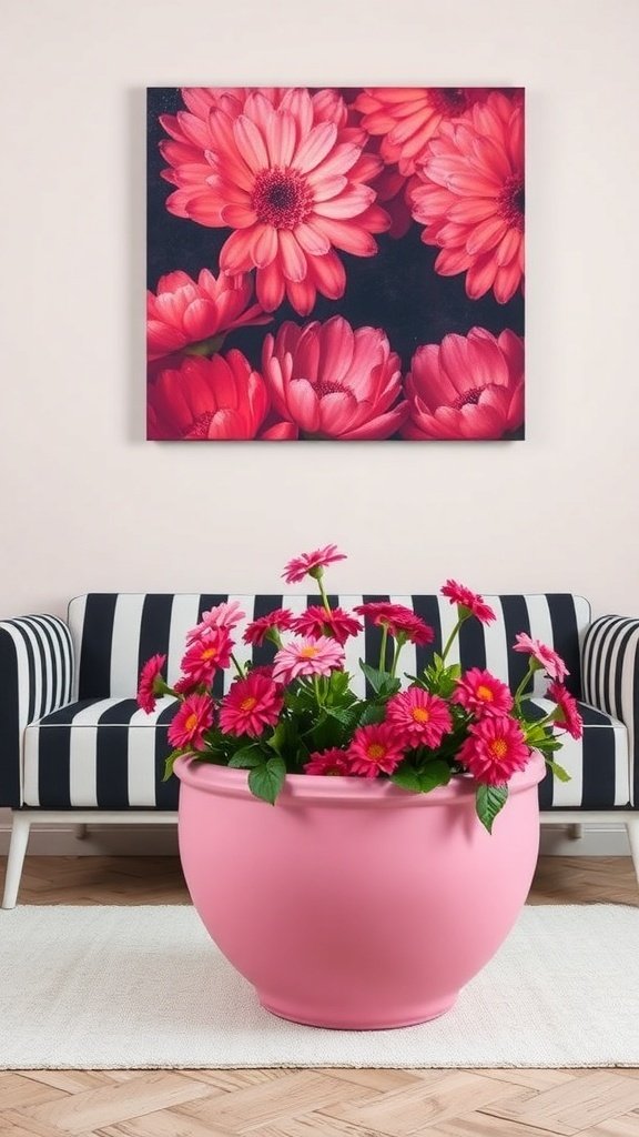 A stylish room featuring a zebra-striped sofa, a large pink planter with zinnias, and floral artwork on the wall.