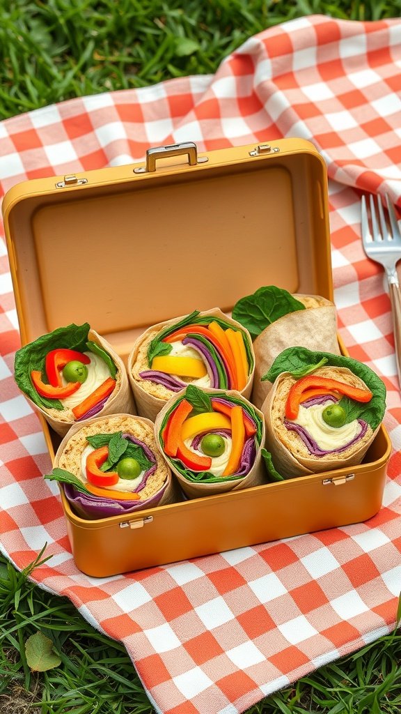 Colorful veggie wraps in a lunch box on a picnic blanket