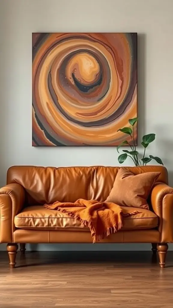 A cozy cinnamon-colored leather sofa with a swirl painting above it, complemented by a throw blanket and a plant.
