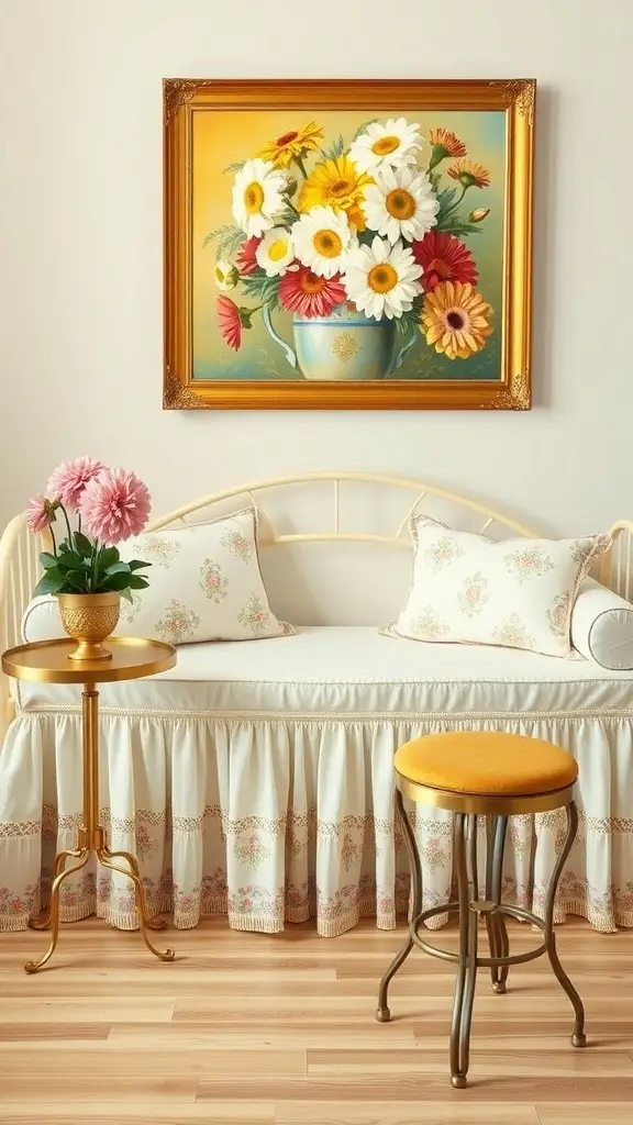 A retro daybed with fringes and floral prints, accompanied by a floral painting and small furniture.
