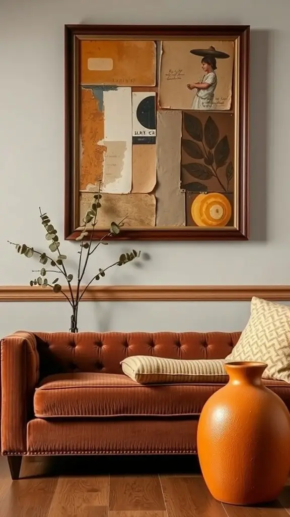A cozy living room featuring a retro daybed in burnt orange, surrounded by earth-toned decor and a eucalyptus branch.
