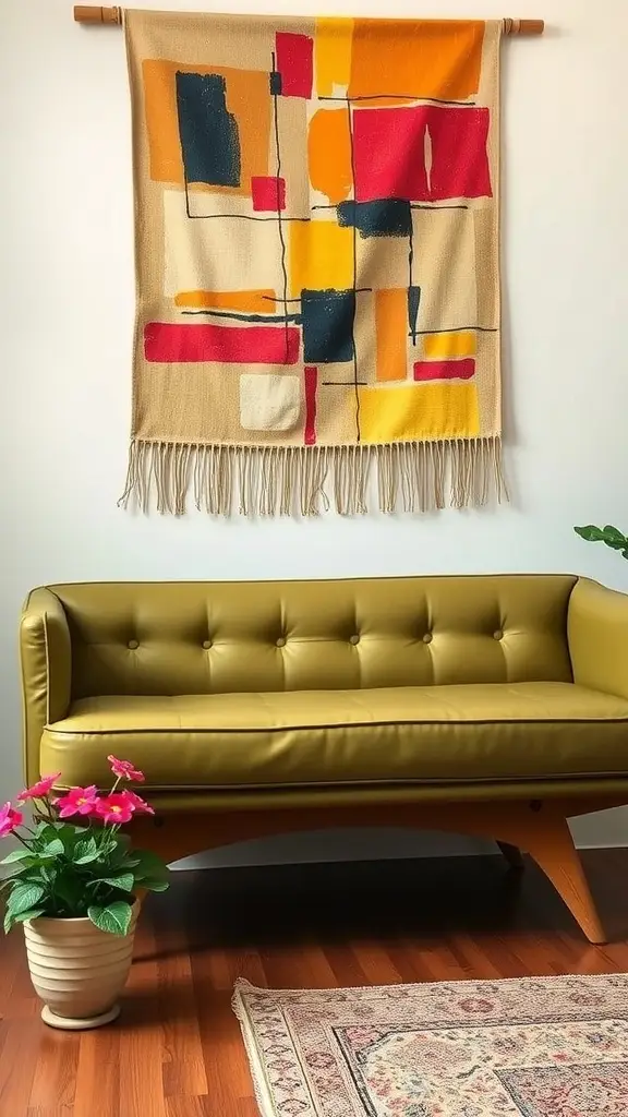 A retro avocado-colored sofa with a colorful wall hanging and a potted plant.