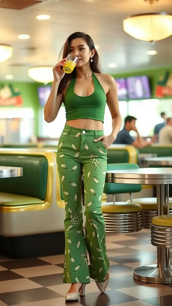 Model wearing a green crop top and flared pants with pickle designs, holding a drink in a retro diner.