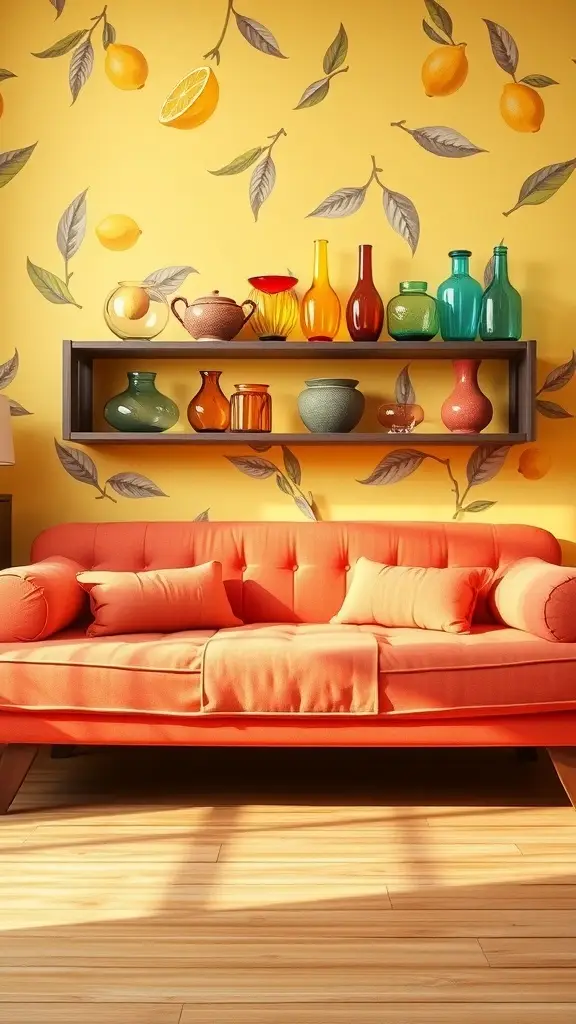 A vibrant sunroom with yellow walls featuring lemon motifs, a coral retro daybed, and colorful glass vases on a shelf.