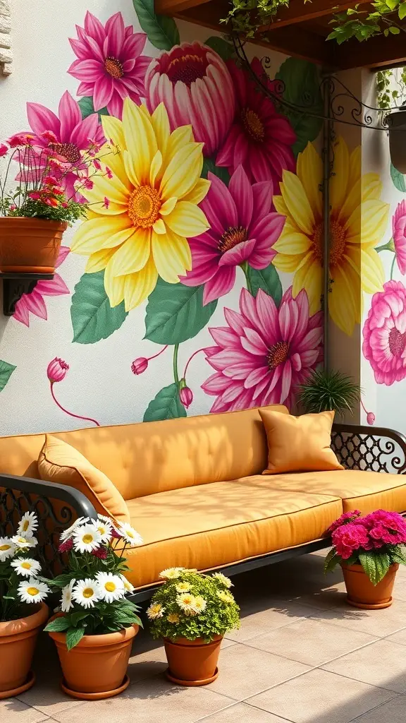 A vibrant outdoor space with a retro daybed and colorful flower pots, featuring a floral mural in the background.