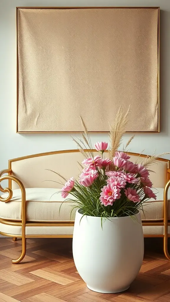 A retro daybed with a golden frame and soft upholstery, accompanied by a large white planter filled with pink flowers.