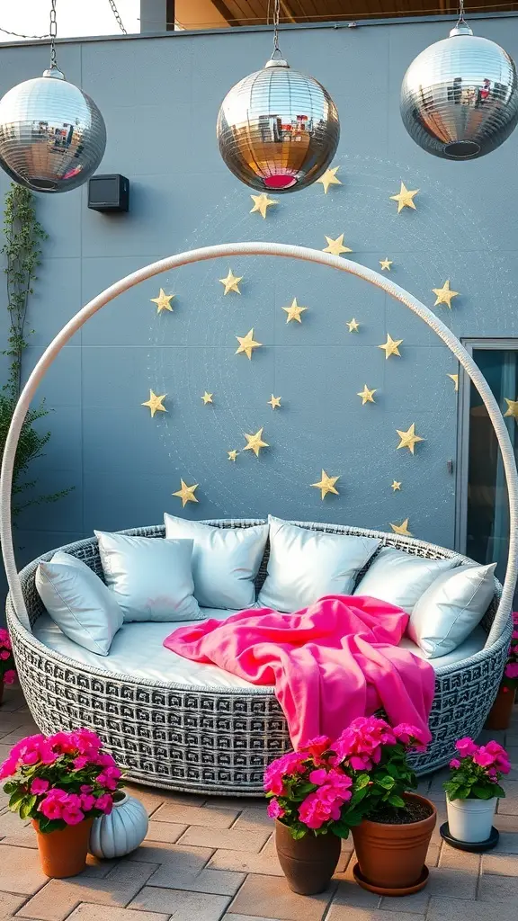 A stylish retro daybed surrounded by flowers and disco balls in a backyard setting.