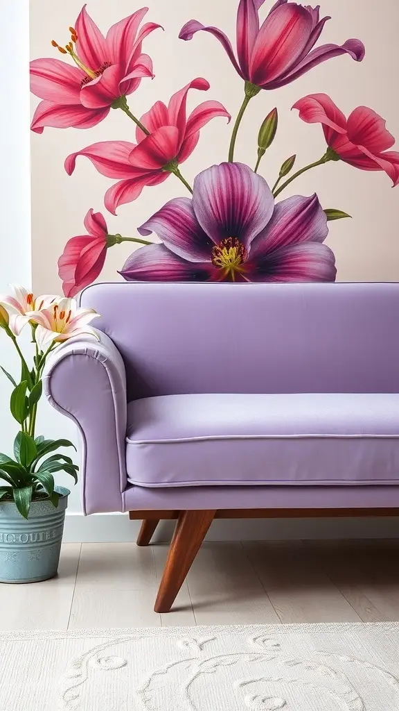 A lavender retro daybed with floral mural in the background and a potted plant beside it.