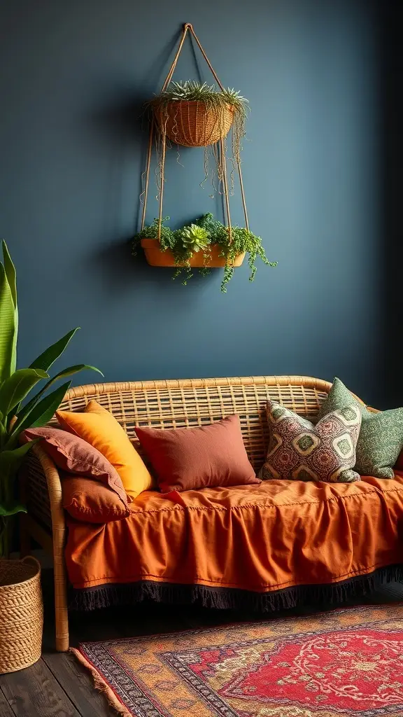 A retro daybed with tangerine textiles, surrounded by greenery and a blue wall.