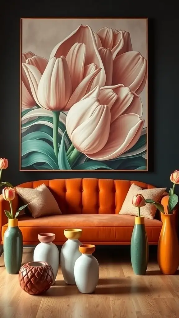 A retro daybed in terracotta color with tulip decorations and floral artwork on the wall.