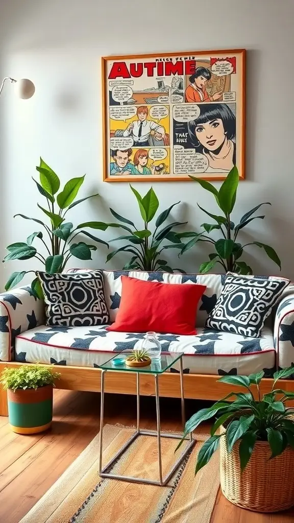 A stylish retro daybed with funky prints, surrounded by ferns and a comic art piece on the wall.