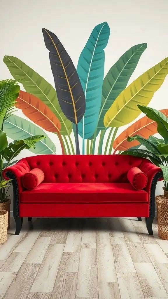 A vibrant red Retro Daybed in front of a large botanical leaf mural.