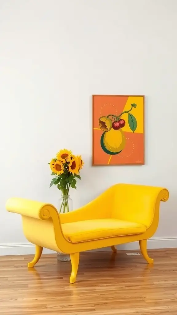 A bright yellow retro daybed with sunflowers in a vase and fruit-themed artwork on the wall.