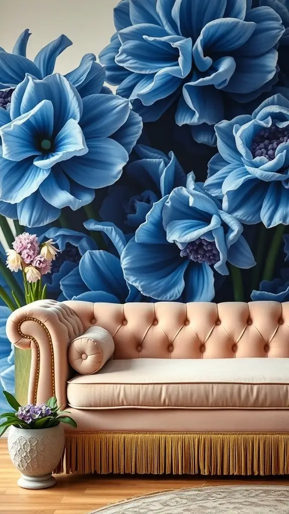 A blush pink tufted daybed with golden fringe in front of a mural of blue flowers.