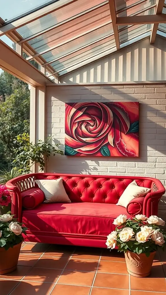 A crimson retro daybed in a sunlit courtyard with a rose painting above and potted flowers around.