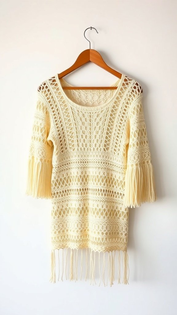 A crochet mini dress with bell sleeves and fringe details, hanging on a wooden hanger.