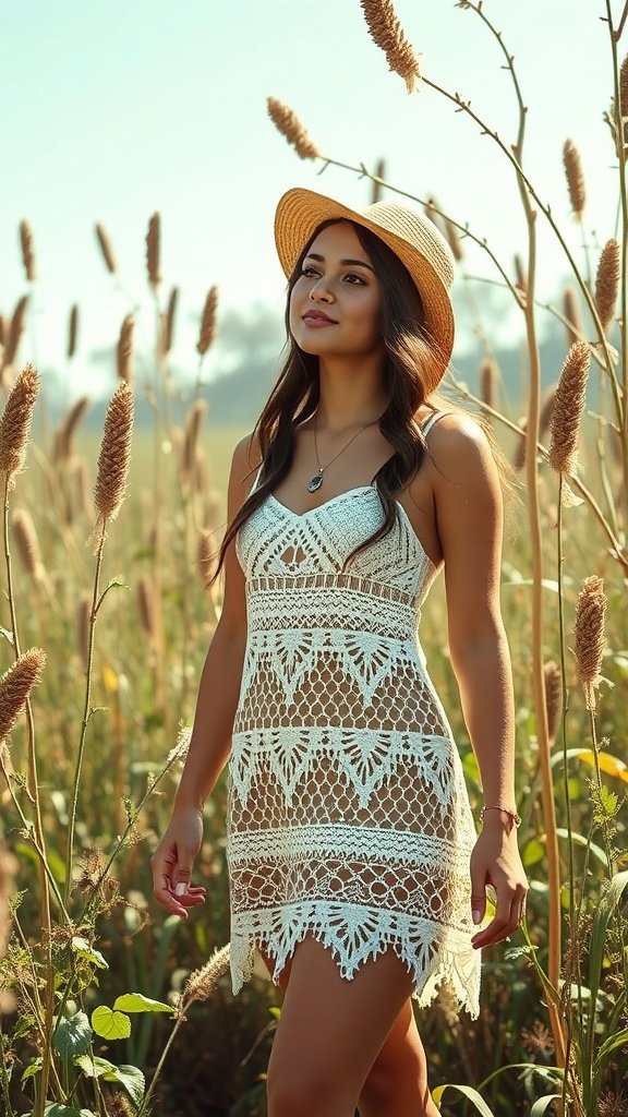 A woman wearing a crochet mini dress with lace accents, standing in a field with tall grass and a straw hat.