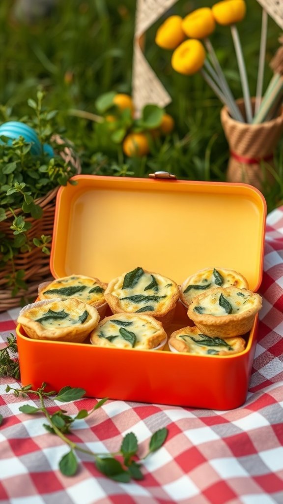 Mini quiches with spinach and cheese in a vibrant orange lunch box on a picnic blanket