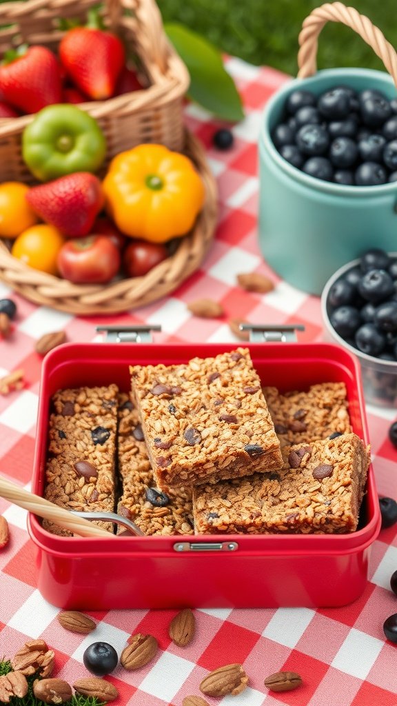 A vibrant red lunch box filled with homemade granola bars, surrounded by fresh fruits and nuts on a picnic blanket.